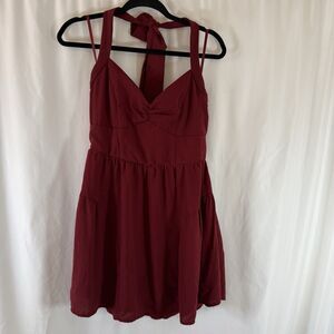 RowA Mini Dress Women's XL Wine Red Halter Neck Tiered Sleeveless Tie Neck